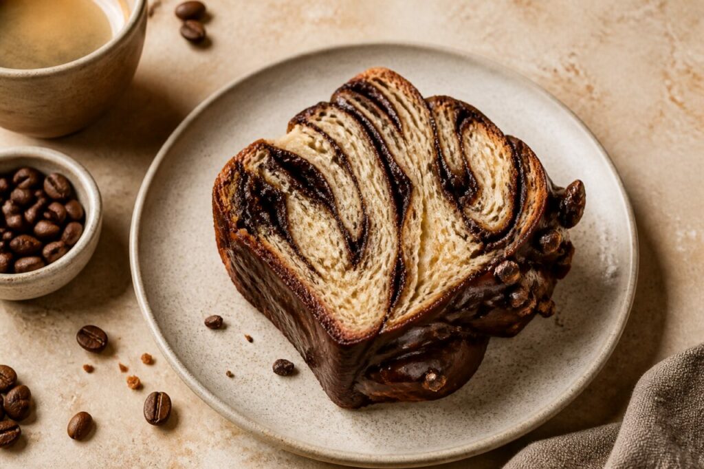 Grains de café autour de la babka marbrée