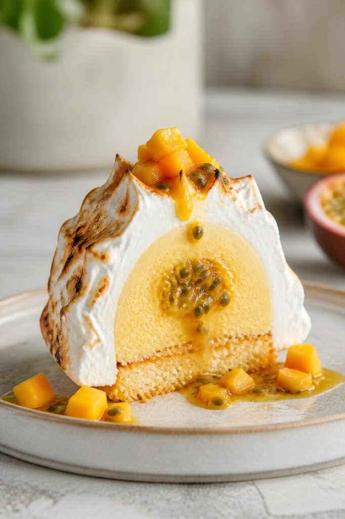 Mangue en dés nappée de passion au sommet du dessert