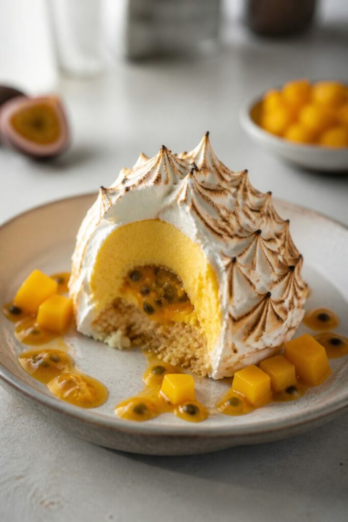Mangue fraîche et pulpe de passion autour du baked Alaska