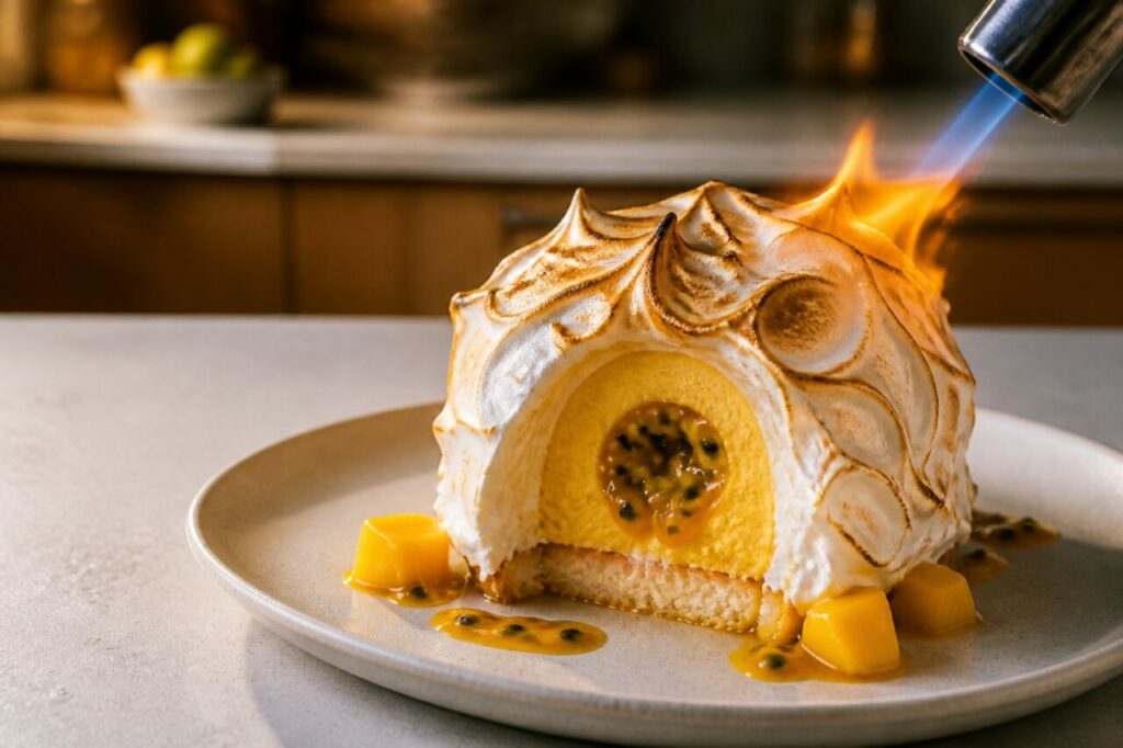 Chama do maçarico sobre o merengue do baked Alaska