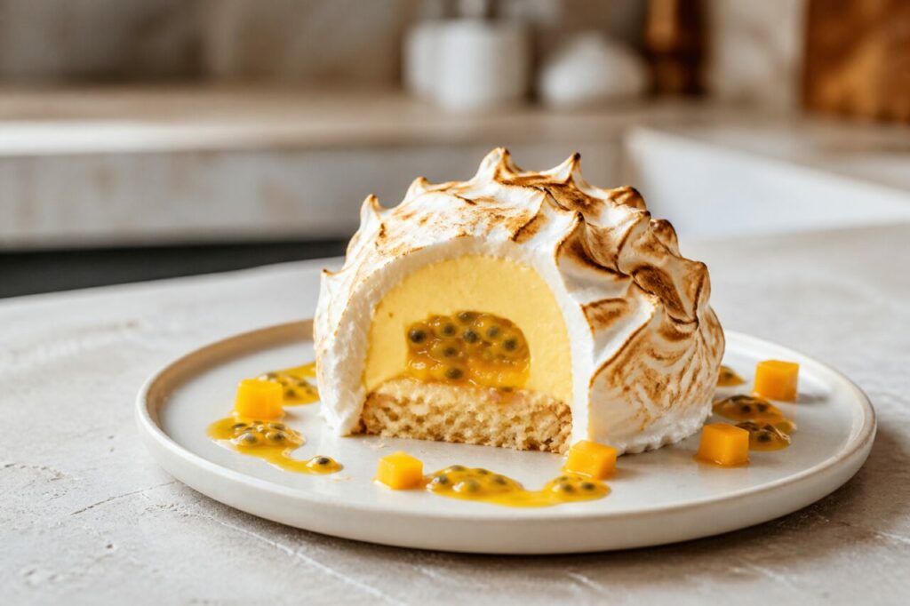Cœur au fruit de la passion et biscuit coco dans le baked Alaska entamé