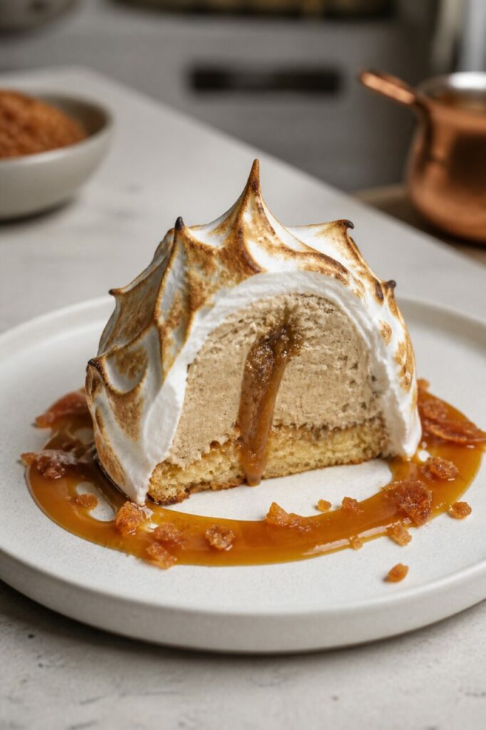 Filet de caramel sur la coupe du Baked Alaska au café
