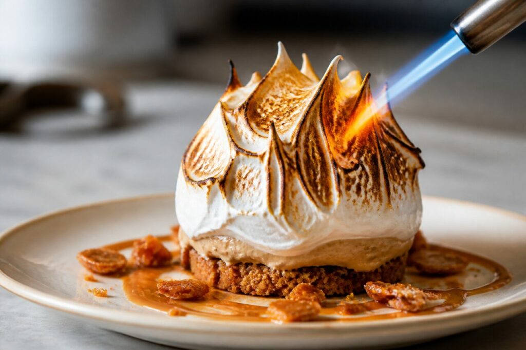 Chalumeau dorant la meringue du Baked Alaska café-caramel