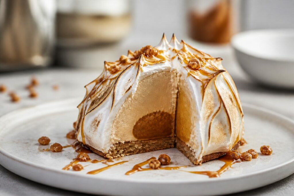 Dôme meringué du Baked Alaska café-caramel déjà servi