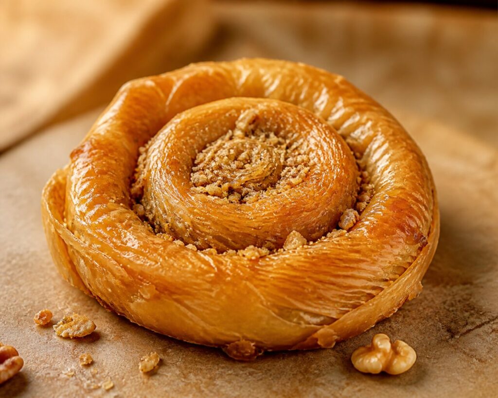 A syrupy sheen covers the coiled walnut baklava