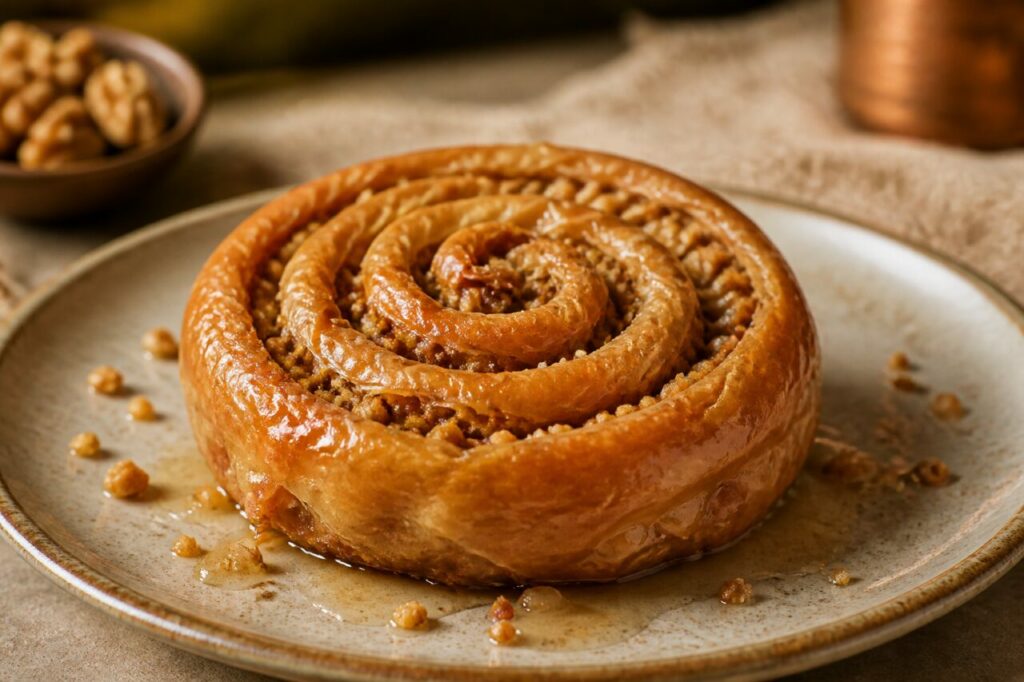 Chopped walnuts fill the coils of spiral baklava