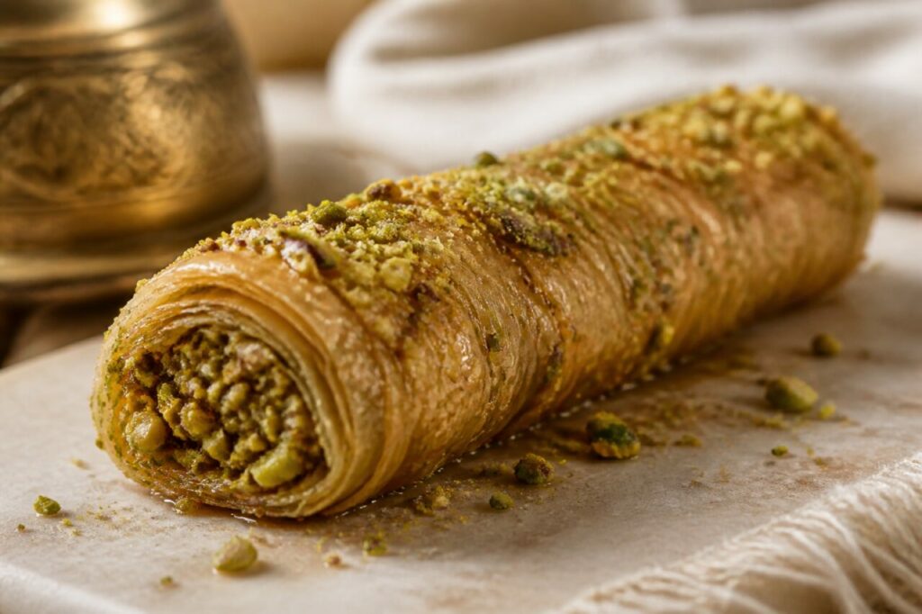 Coupe généreuse du baklava roulé aux pistaches
