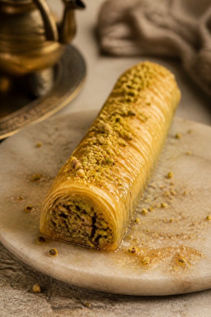 Baklava aux pistaches servi auprès de la théière