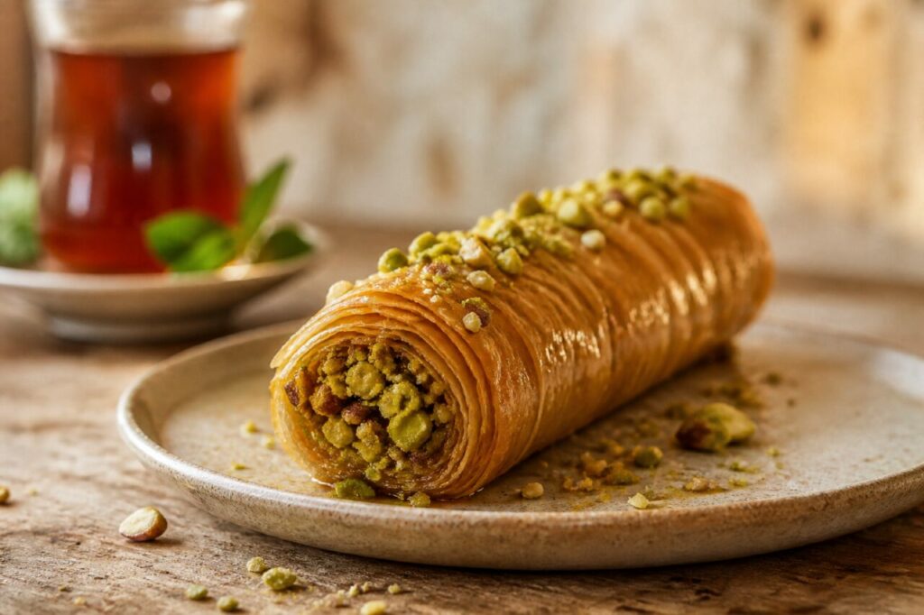 Copo de chá ao lado do baklava enrolado