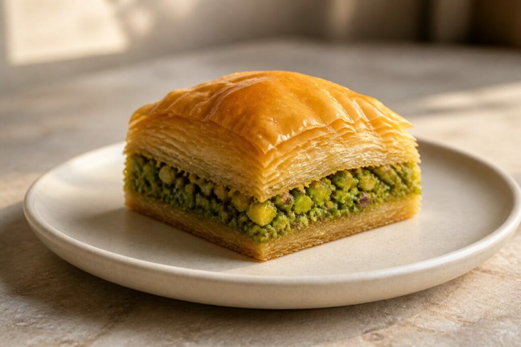 Baklava turc carré à la pistache et aux fines couches dorées