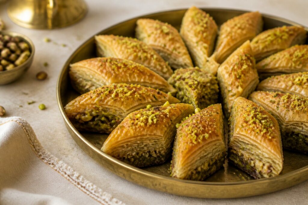 Baklava em losangos de pistácio numa bandeja dourada