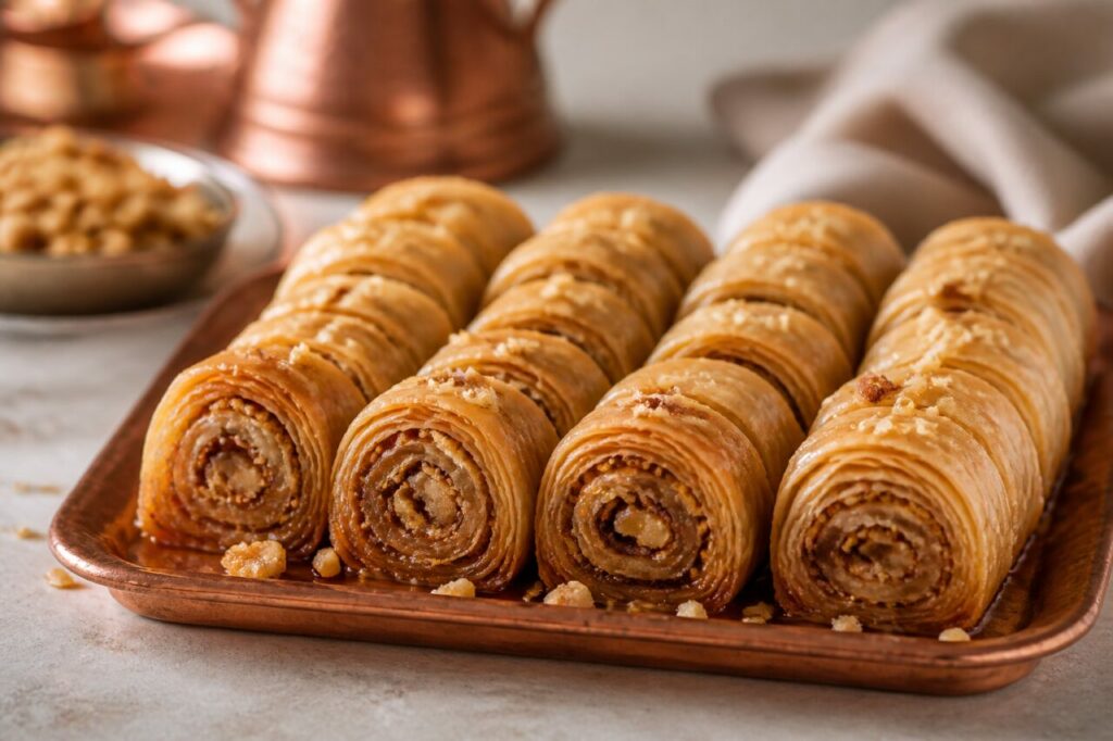 Baklava enrolado de noz em bandeja de cobre