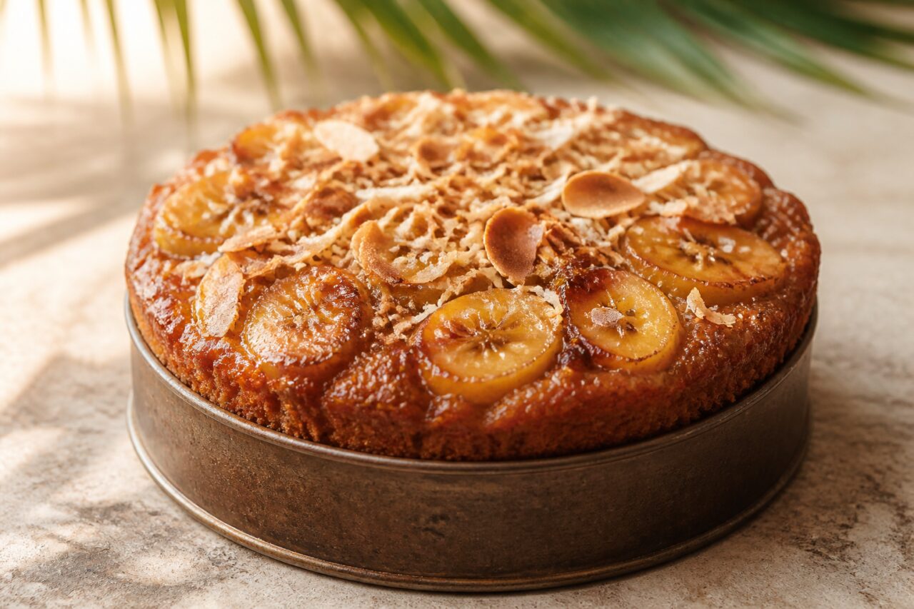 Golden bananas top the coconut, banana, and rum cake