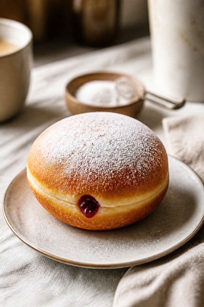 A blond band lines the crust of the jam-filled pączek
