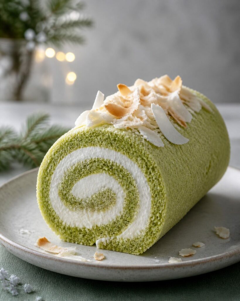 Green sponge coils around the filling of the pandan coconut roll cake
