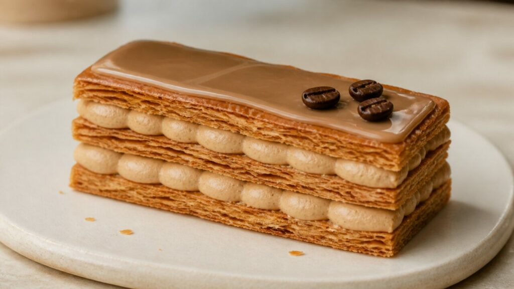 Bandes de crème pochée dans le mille-feuille au café allongé