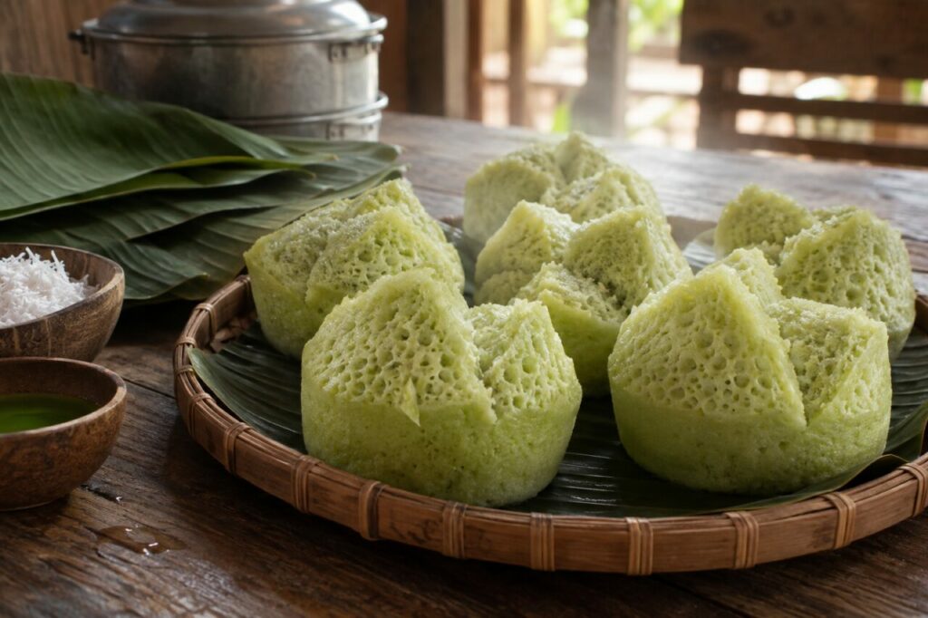 Small green Vietnamese pandan bánh bò on banana leaves and a bamboo tray