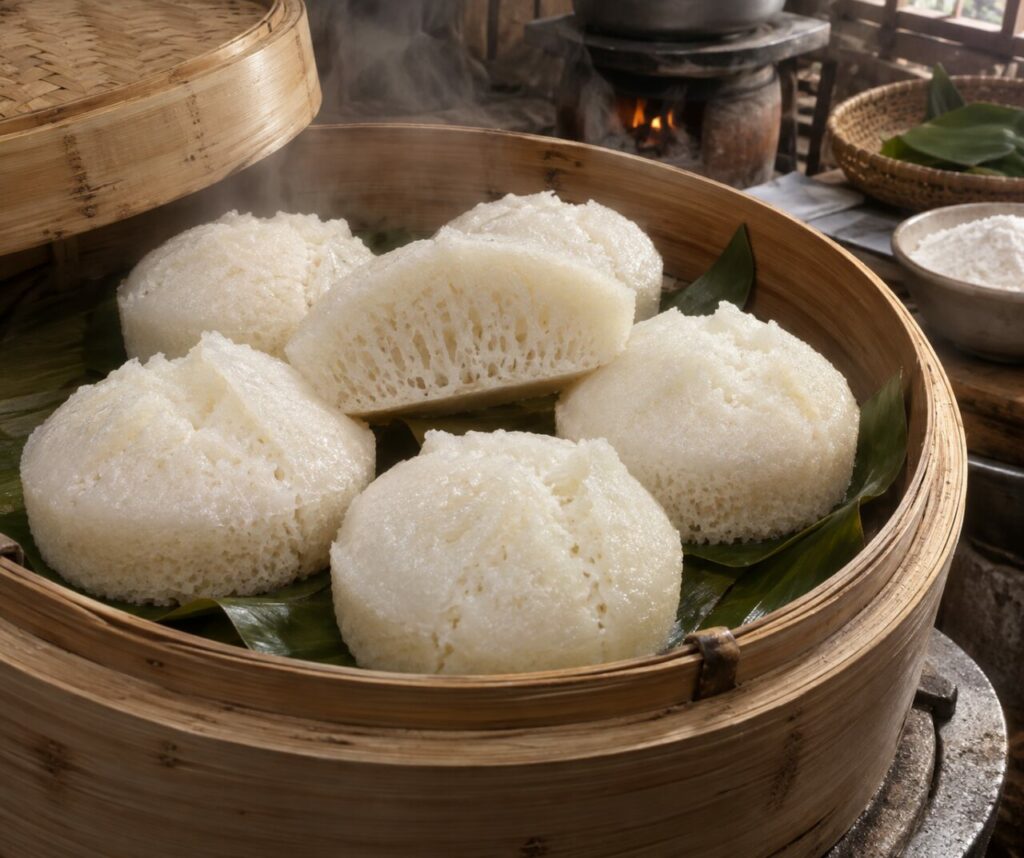 White Vietnamese bánh bò in a bamboo steamer with honeycomb crumb and a wood-fired stove