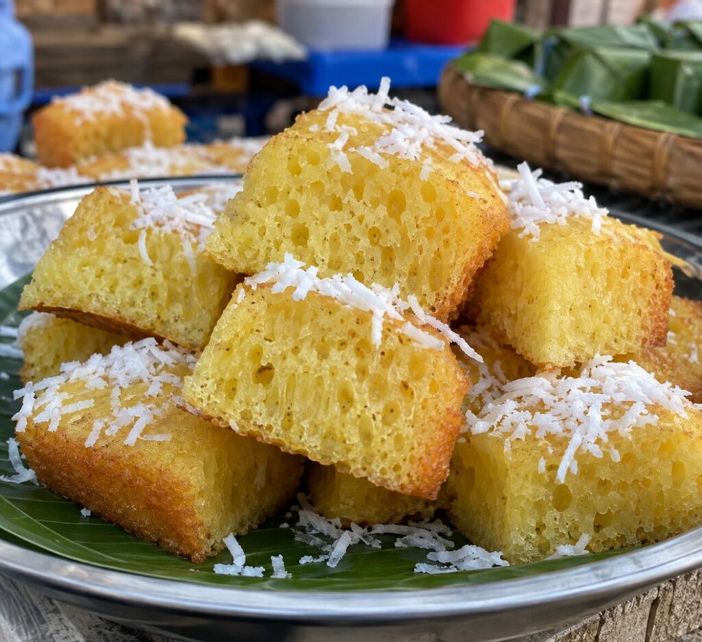 Golden Vietnamese bánh bò slices with honeycomb crumb and coconut on banana leaves