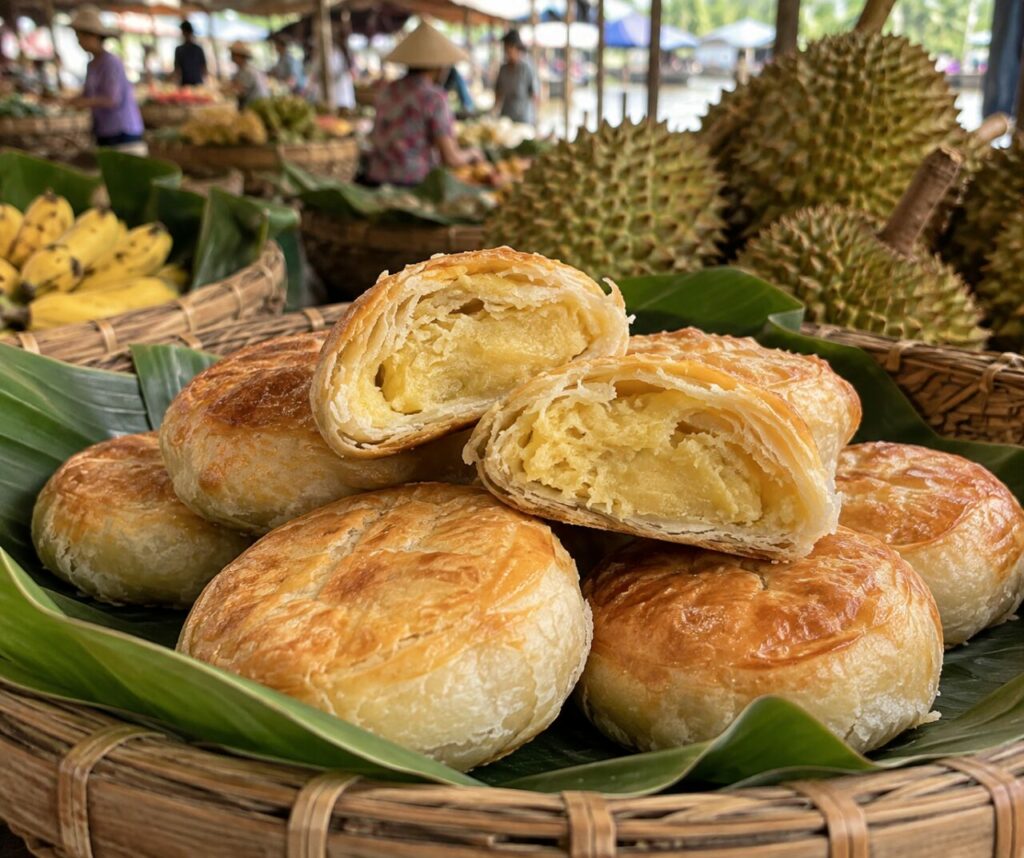 Au marché du delta du Mékong, paniers de bánh pía vietnamien