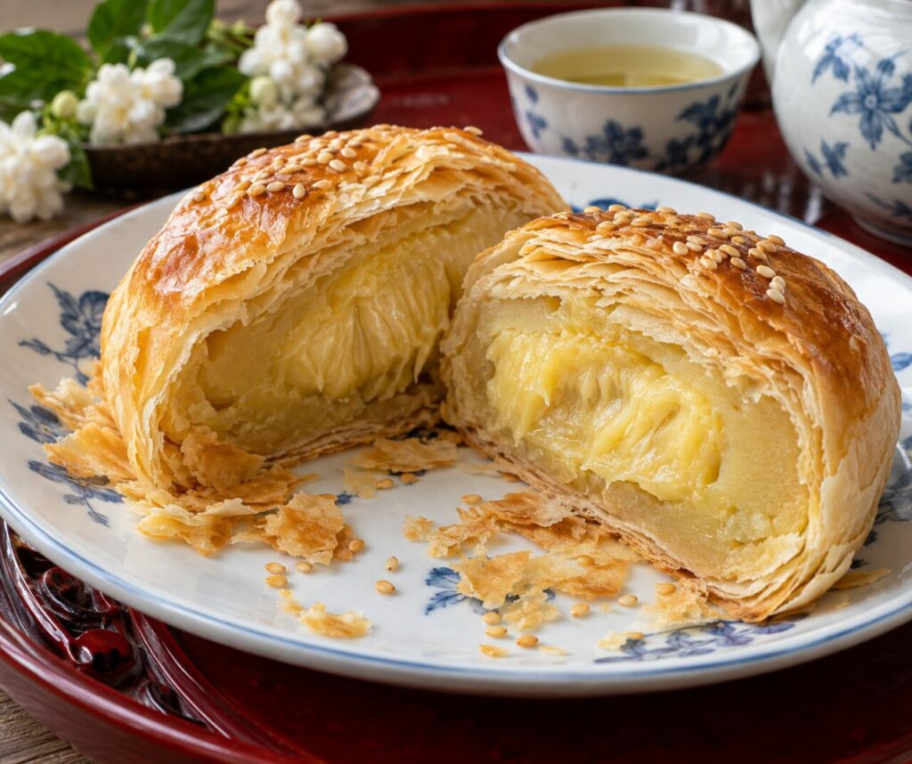 Feuilletage doré du bánh pía vietnamien au centre de durian