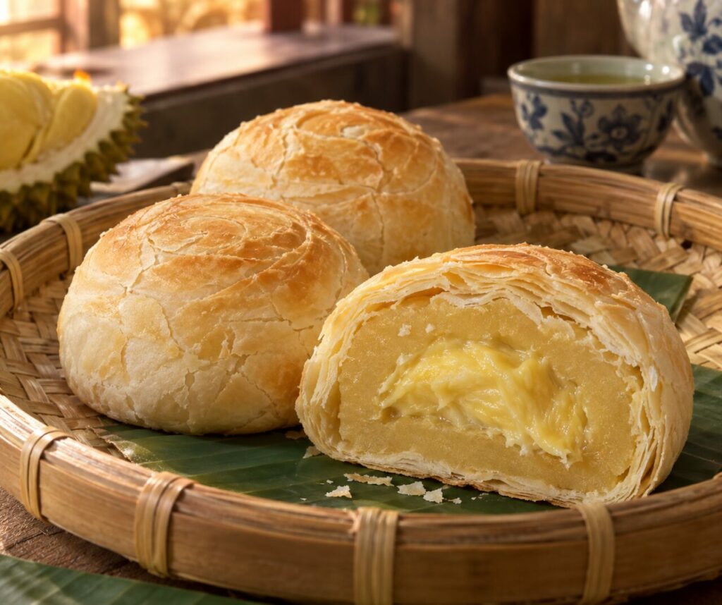 Bánh pía ouvert, cœur de durian et pâte de haricot mungo