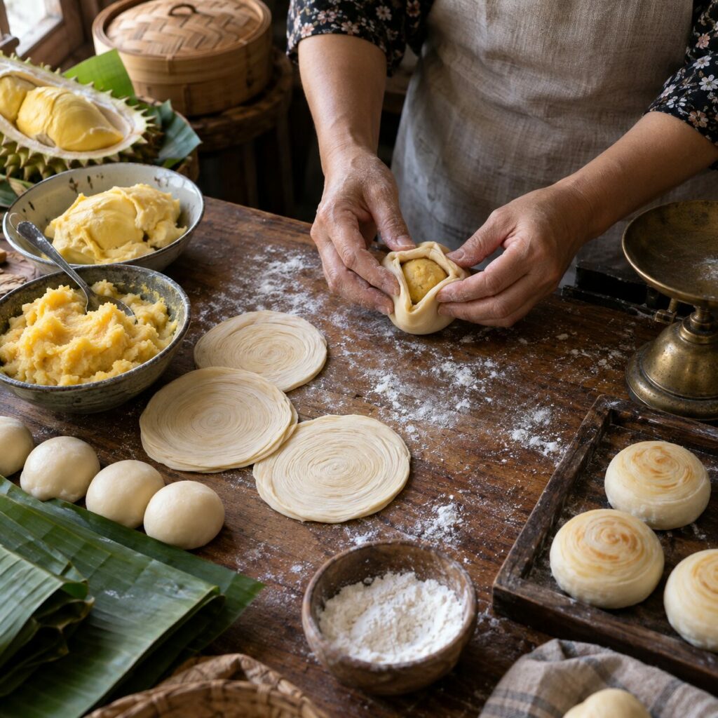 Sur table fleurie, préparation du bánh pía vietnamien au durian