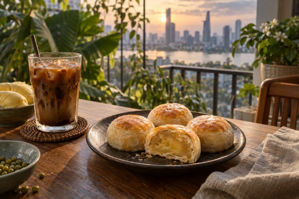 Avec café glacé vietnamien, bánh pía ouvert aux couches friables