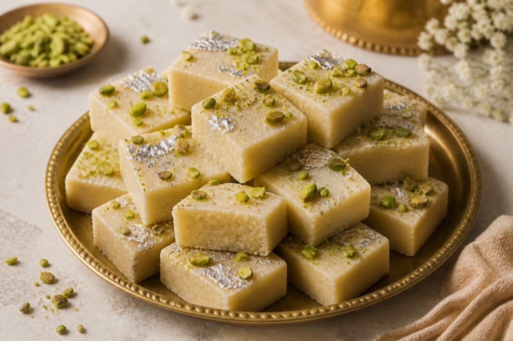 Barfi indien au lait et à la pistache décoré de feuille d’argent sur plateau en laiton