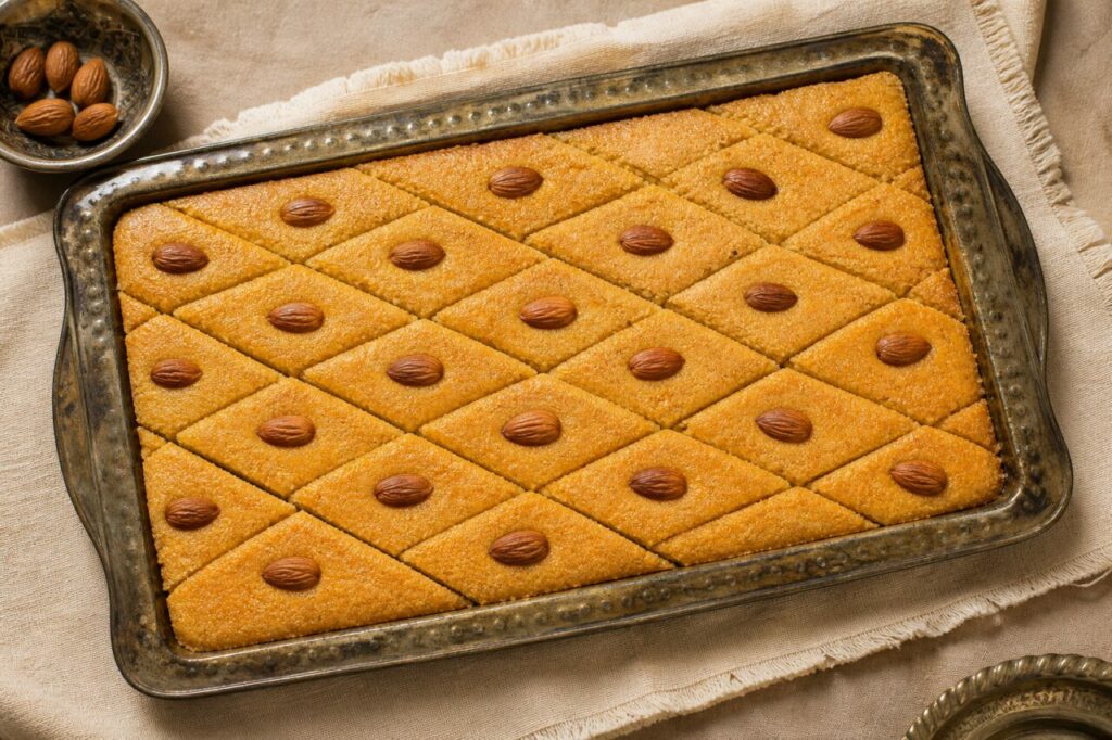 Basboussa norteafricana de almendras cortada en rombos