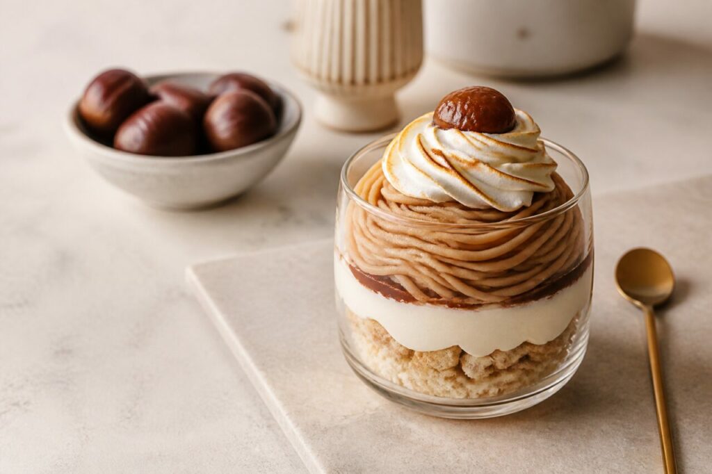 Base émiettée et crèmes superposées dans le Mont-Blanc en verrine