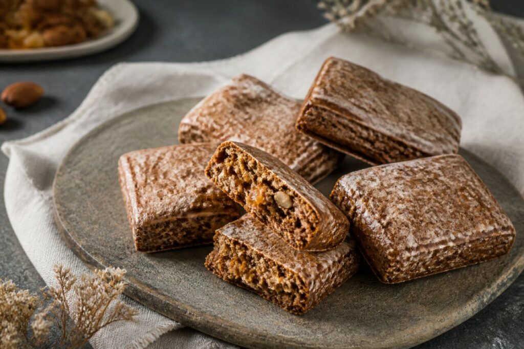 Basler Läckerli glacés et ouverts, biscuits épicés sur assiette en grès