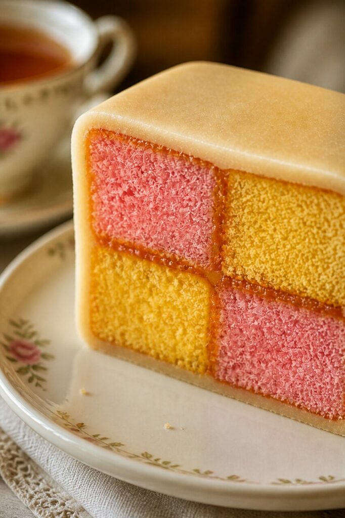 Pão de ló rosa e amarelo unido por alperce e maçapão
