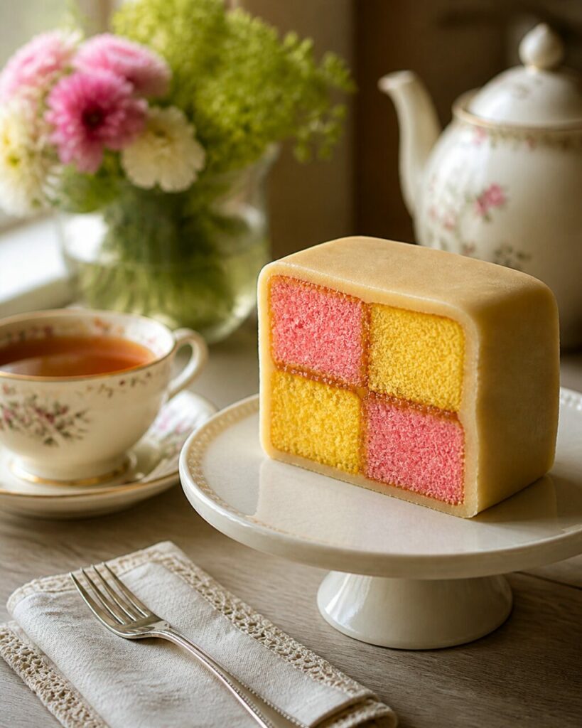 Luz da janela sobre um Battenberg apresentado no suporte