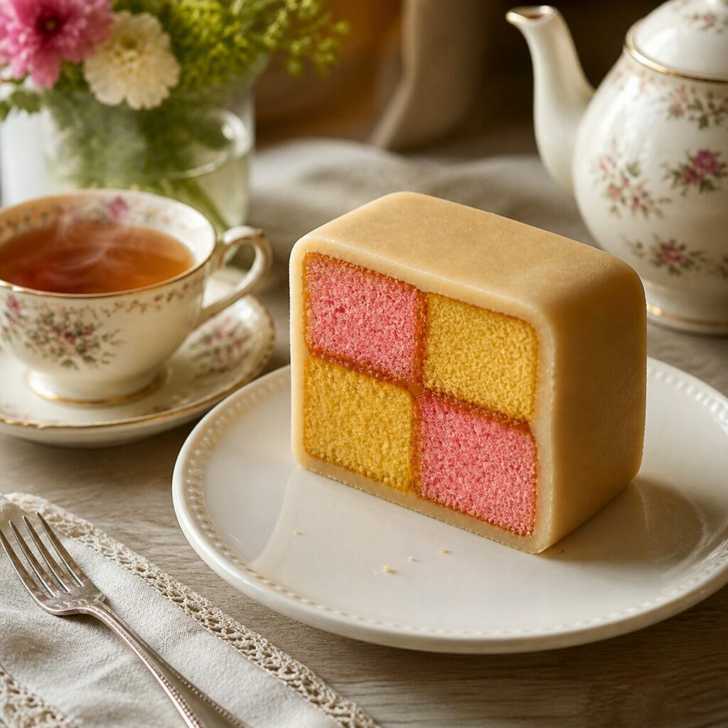 Théière fleurie et tasse auprès du Battenberg