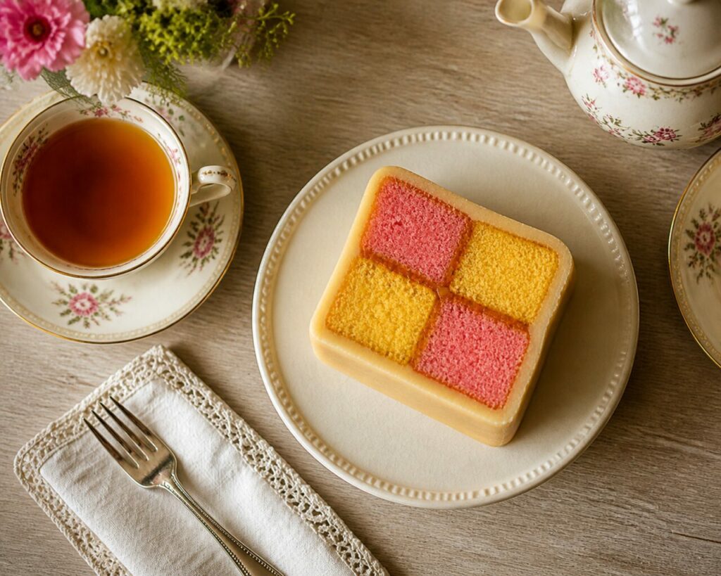 Xadrez do Battenberg de amêndoa junto ao serviço de chá