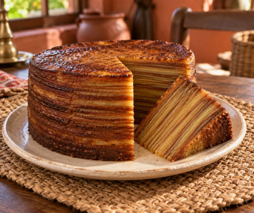 Goan bebinca cake with caramelized layers and a cut wedge