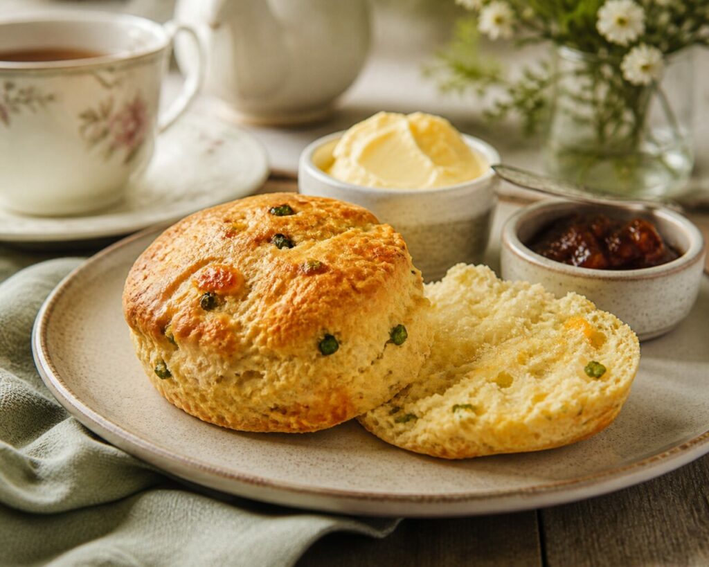 Beurre fondant sur la moitié inférieure du scone cheddar-ciboulette