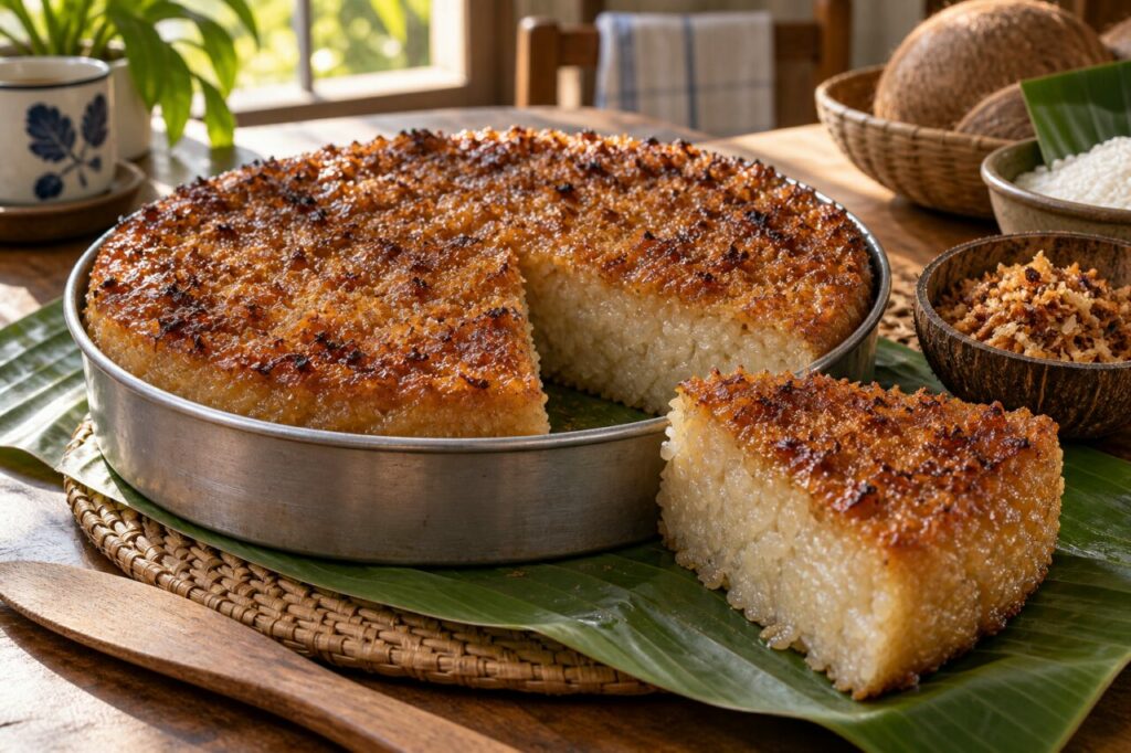 Filipino bibingkang malagkit with caramelized coconut latik