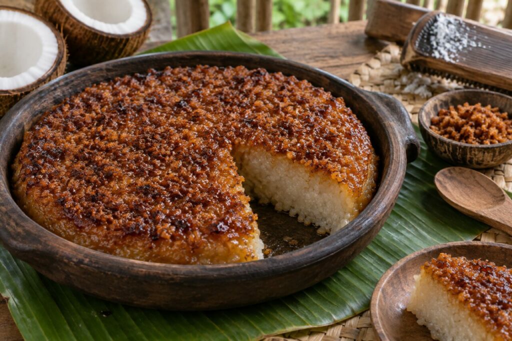 Round clay-dish bibingkang malagkit with toasted coconut latik