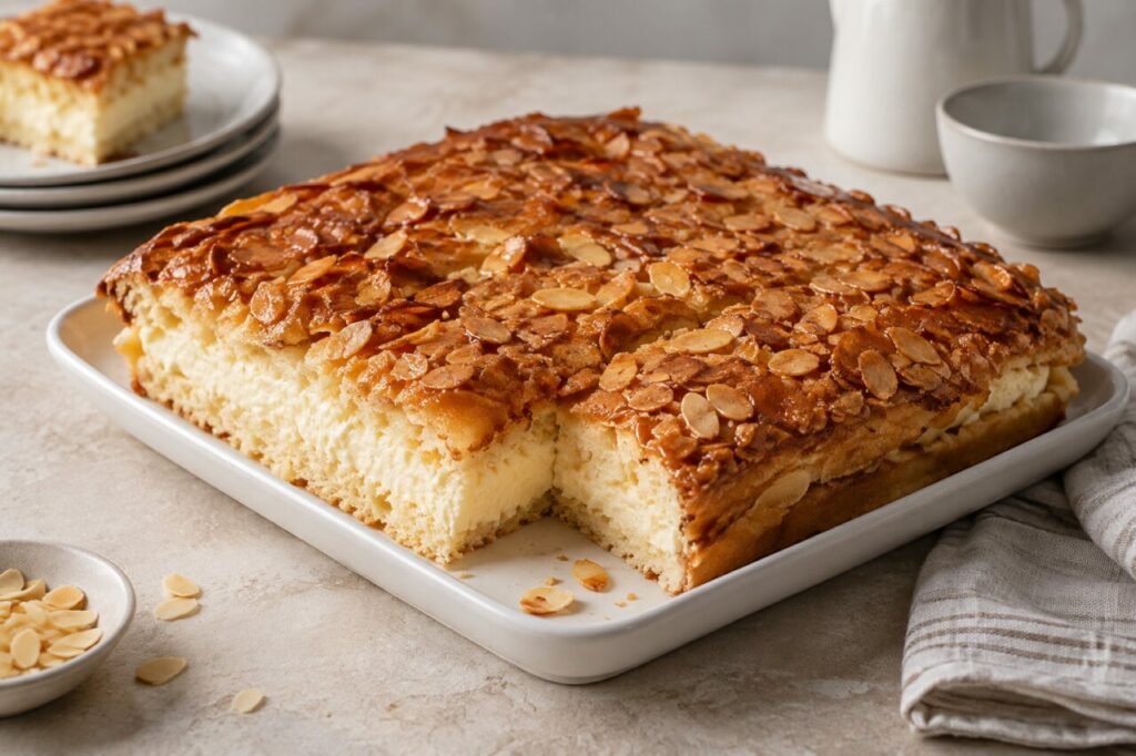 Almond-topped Bienenstich cake with cream on a ceramic platter