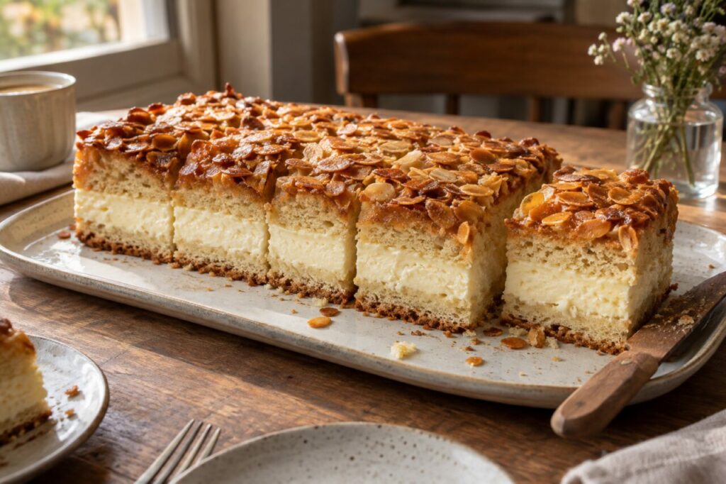 Bienenstich long découpé avec croûte aux amandes et garniture claire
