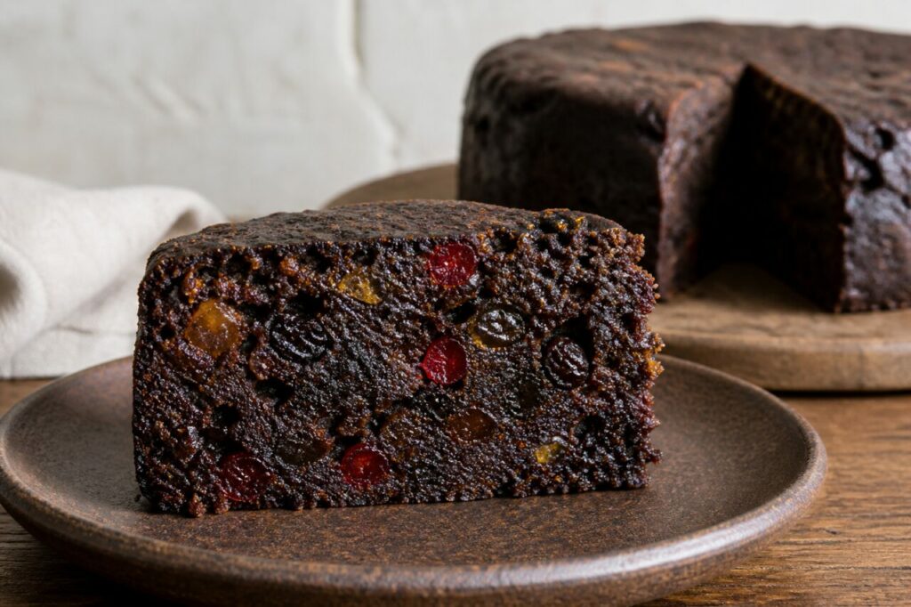 Black cake jamaïcain — tranche dense aux fruits confits, presque noire