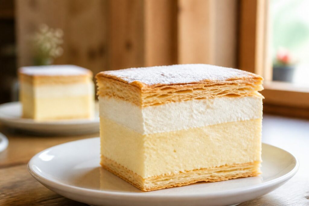 Doce tradicional esloveno — A blejska kremšnita surge numa fatia quadrada com creme branco espesso entre duas camadas douradas de massa folhada