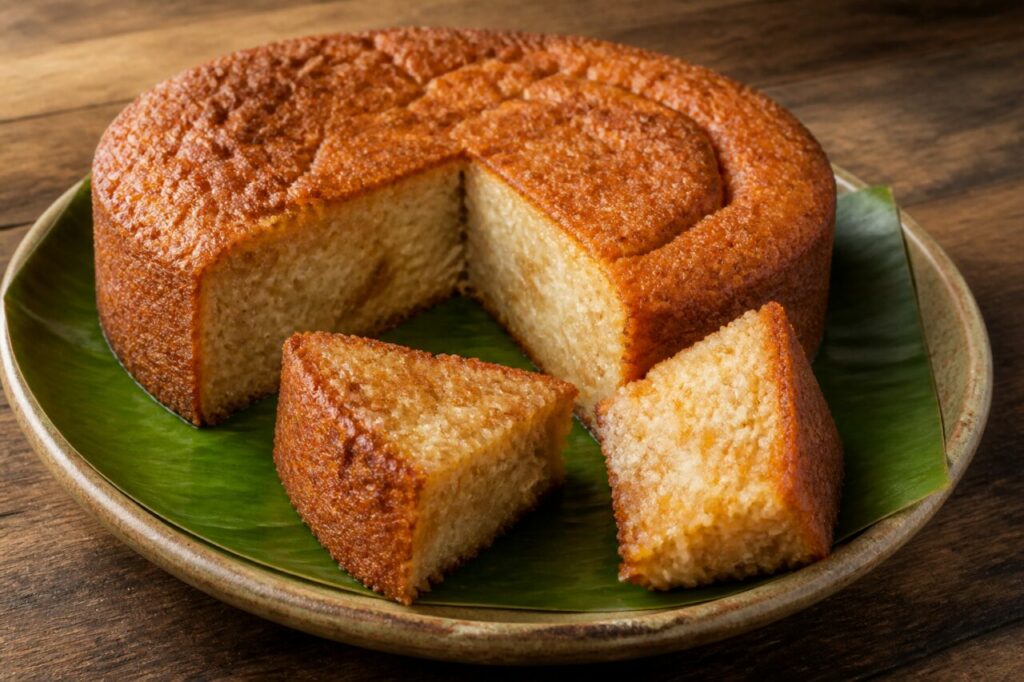 Bojo surinamês de mandioca e coco, em fatias sobre folha de bananeira