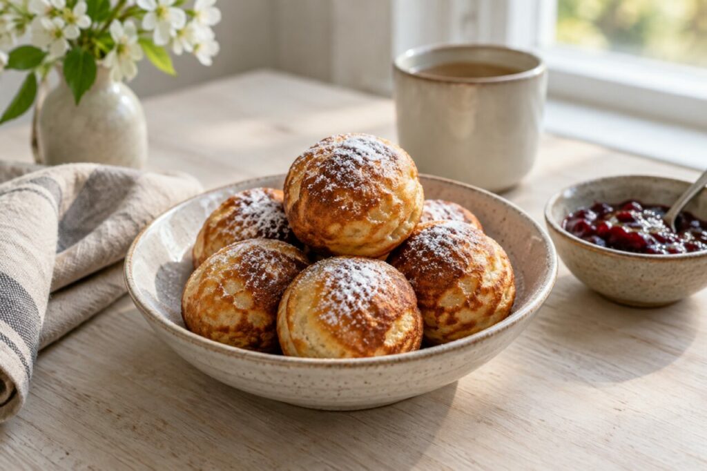 Bol d’æbleskiver danois près d’une tasse et de fleurs blanches