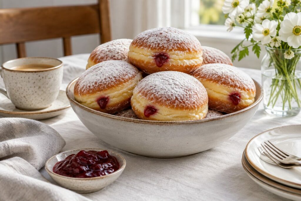 Près du café et des fleurs, un bol de krapfen au sucre glace