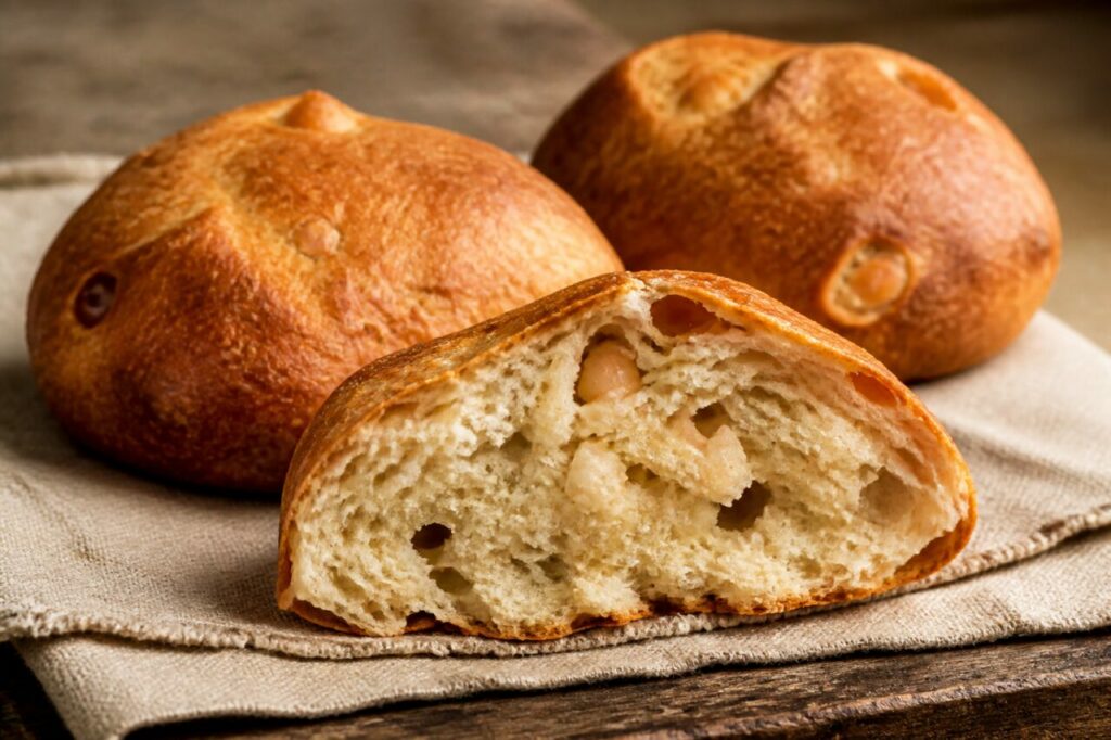 Bollas de chicharrones d’Extremadura, galettes rustiques brun doré ouvertes sur leur mie