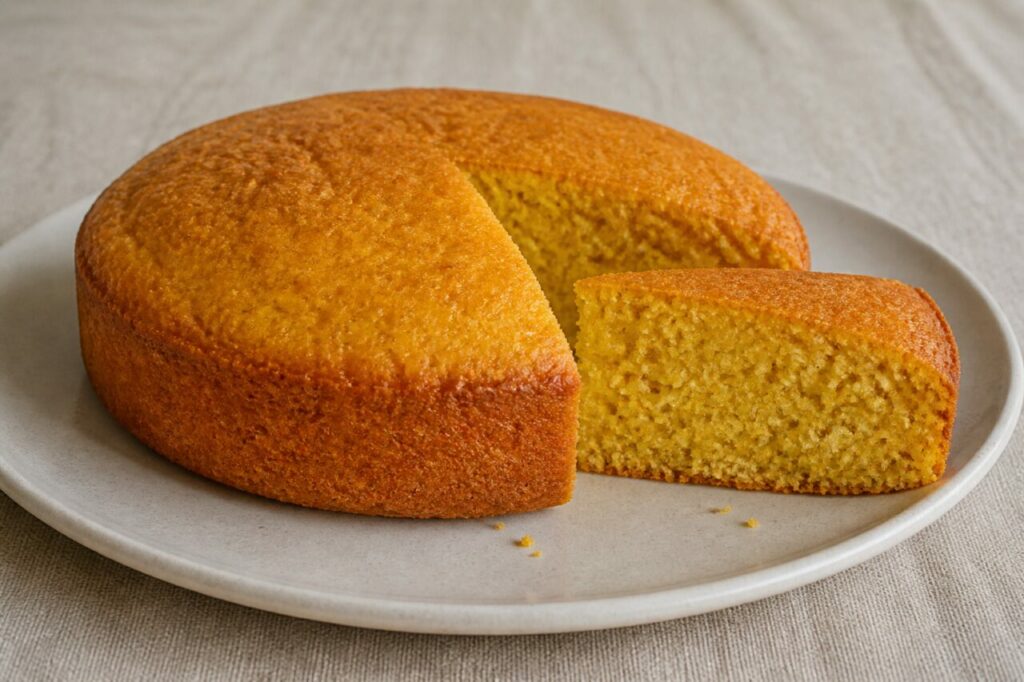 Bolo de fubá angolais à la mie jaune granuleuse, gâteau de maïs et tranche sur lin