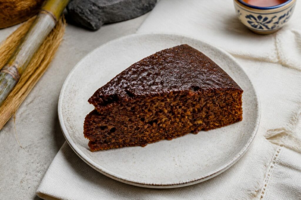 Bolo de mel de Madère en part sur plat blanc